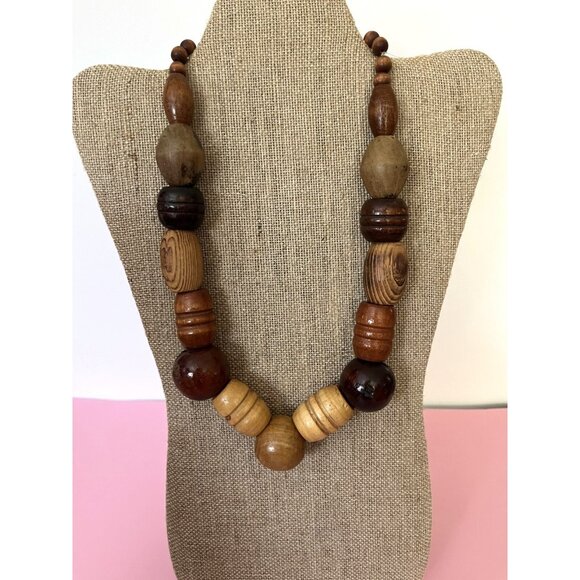 Chunky Wooden Beaded Necklace With Varied Shapes & Natural Tones For Women - Picture 1 of 5